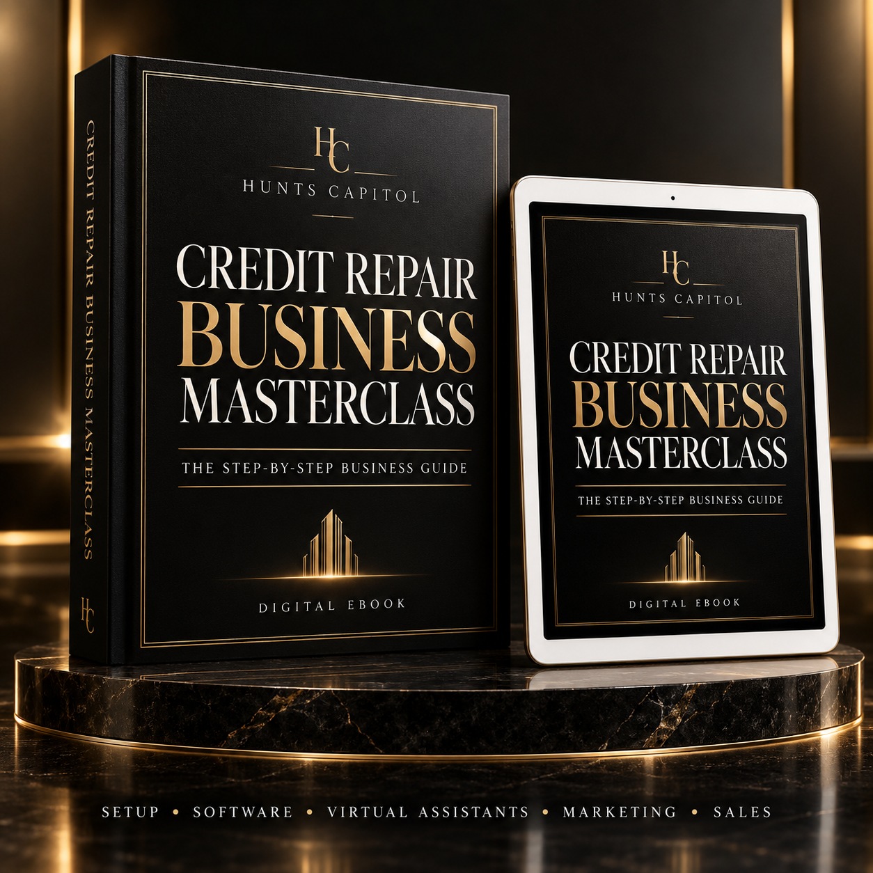 Hunts Capitol Credit Repair Business Masterclass digital ebook in a black and gold book and tablet mockup