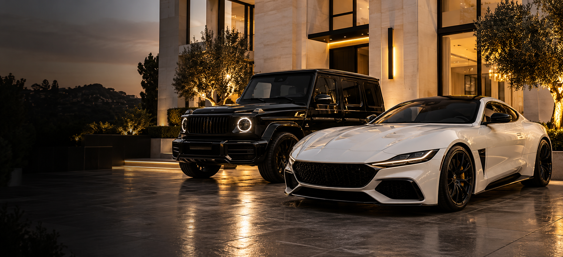 Black luxury SUV and white sports coupe outside an elegant residence